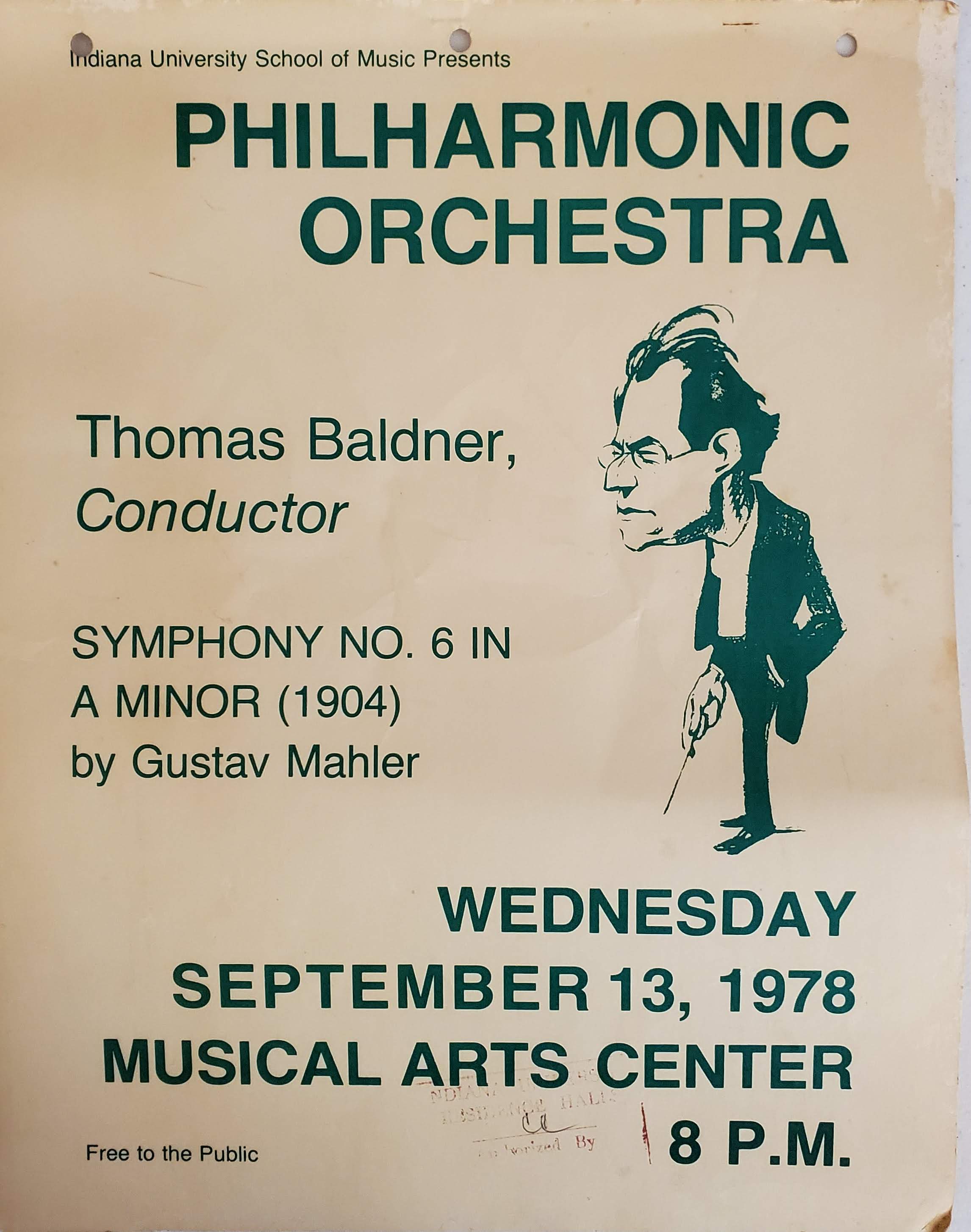 Poster advertising the 13 September 1978 performance of Mahler's 6th Symphony by the IU Philharmonic