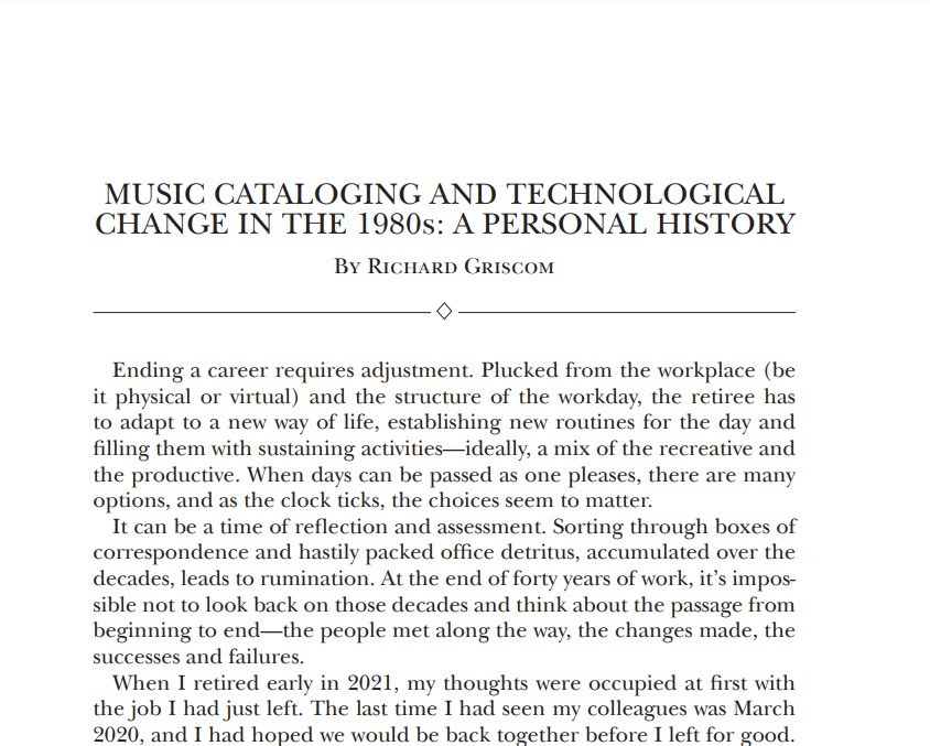 First page of Griscom's 2022 article published in Notes
